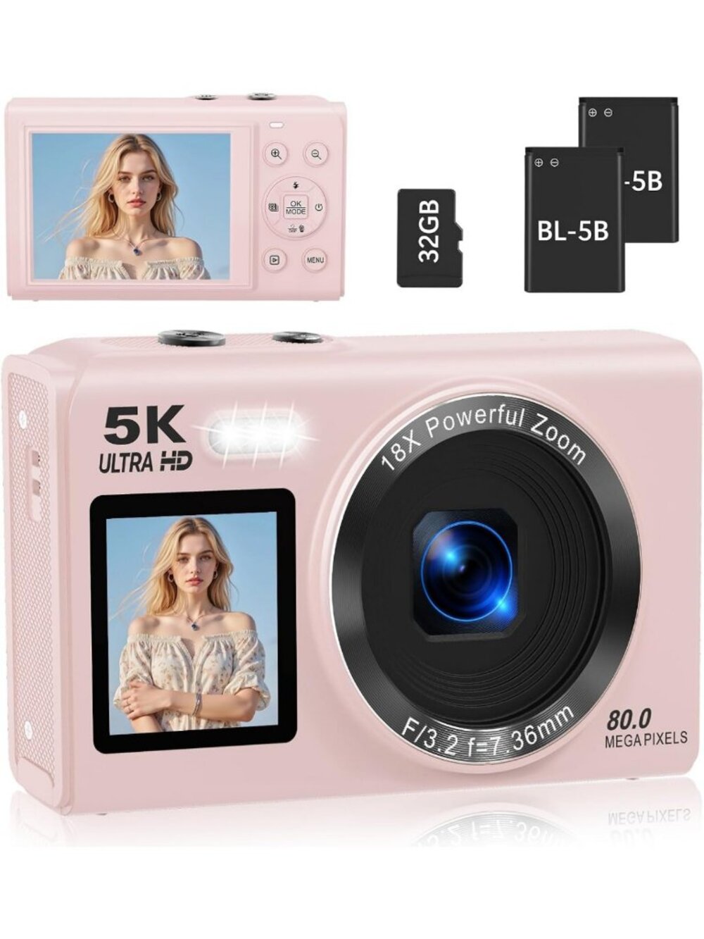 5K Dual Screen Vlogging Camera with Fill Light, 80MP, 16X Zoom, WiFi, 32GB Card